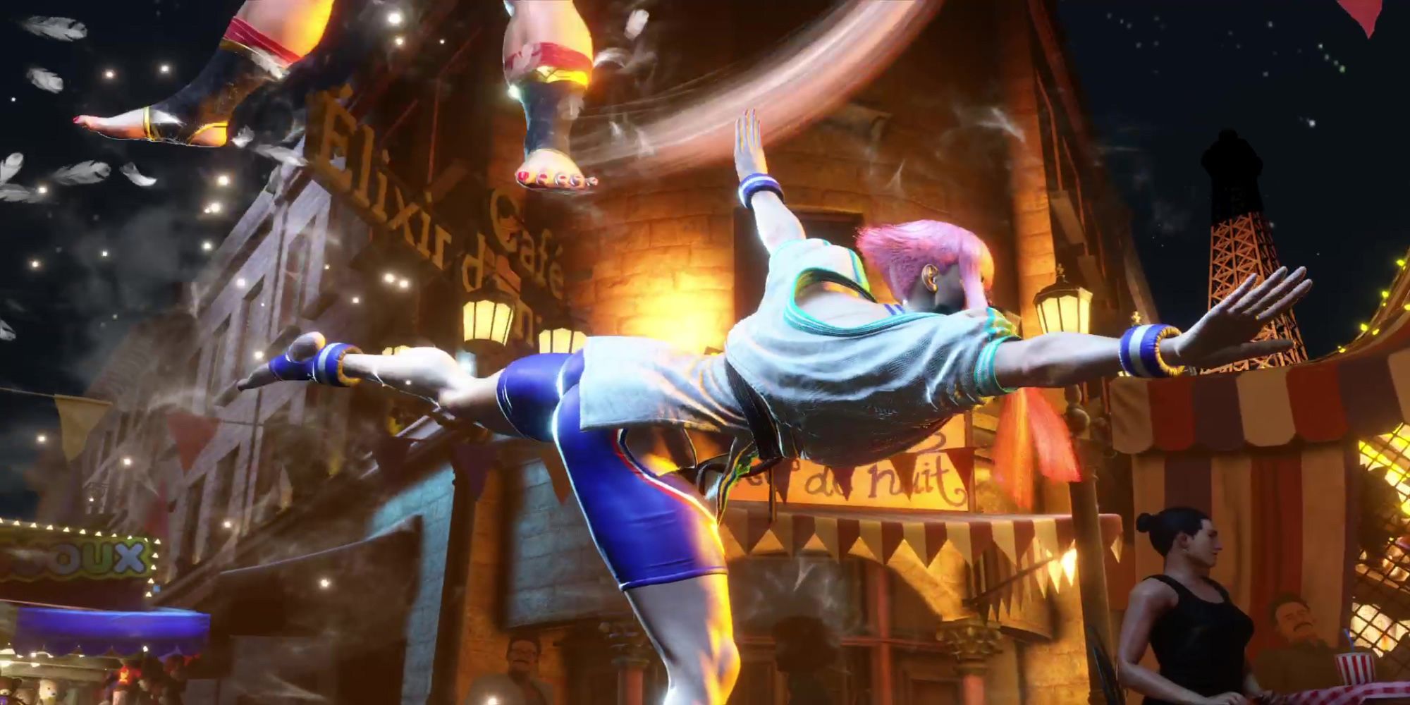 Manon tosses Marisa into the air with her Renverse throw during a match at Fete Foraine in Street Fighter 6.