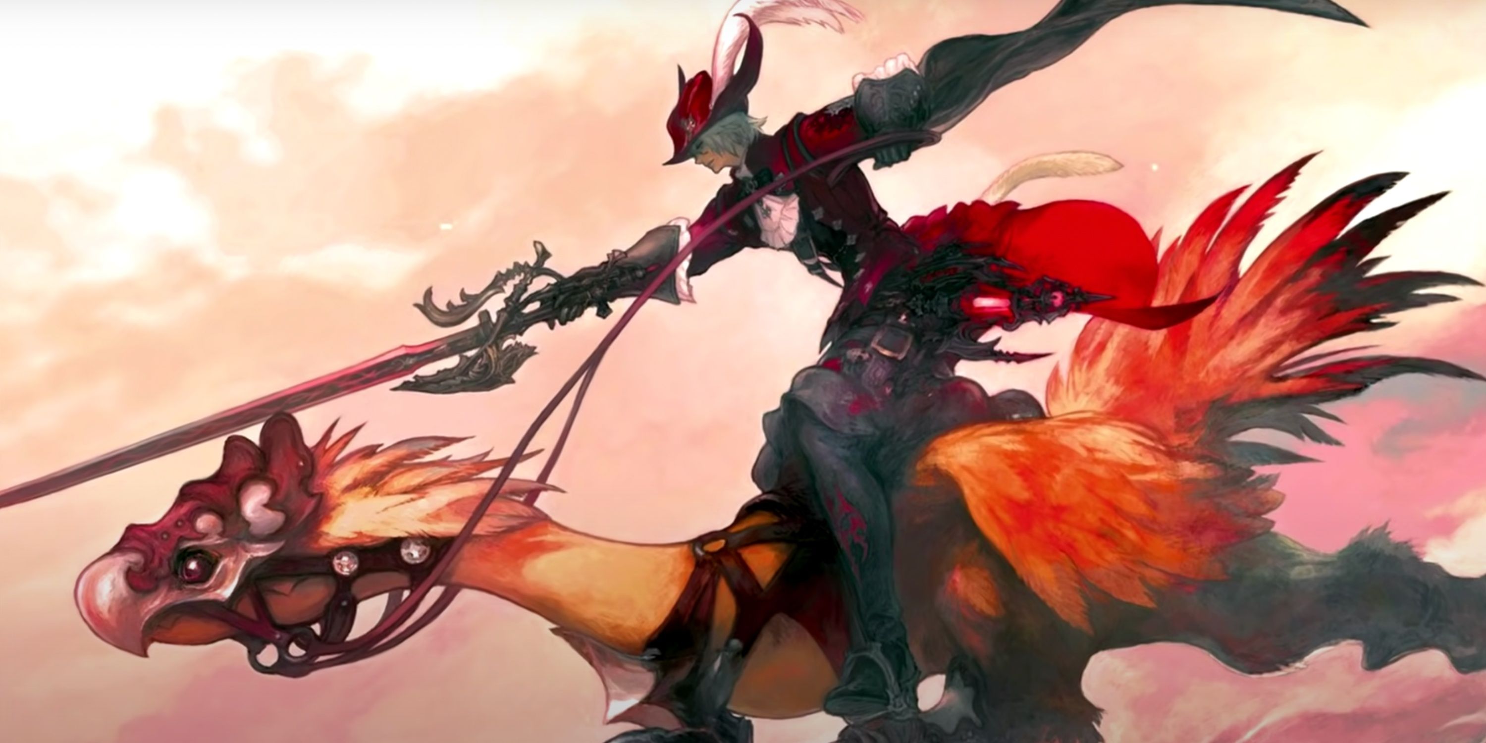 Red Mage Riding a Chocobo and Pointing a Sword