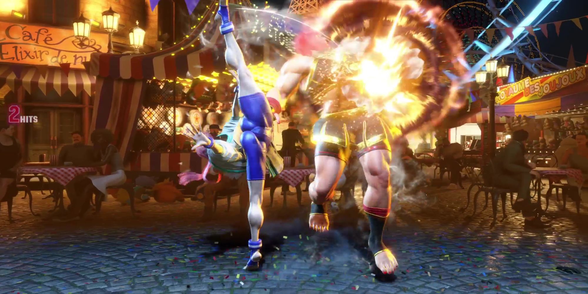 Manon strikes Marisa upwards with her Rond-point kick during a match at Fete Foraine in Street Fighter 6.