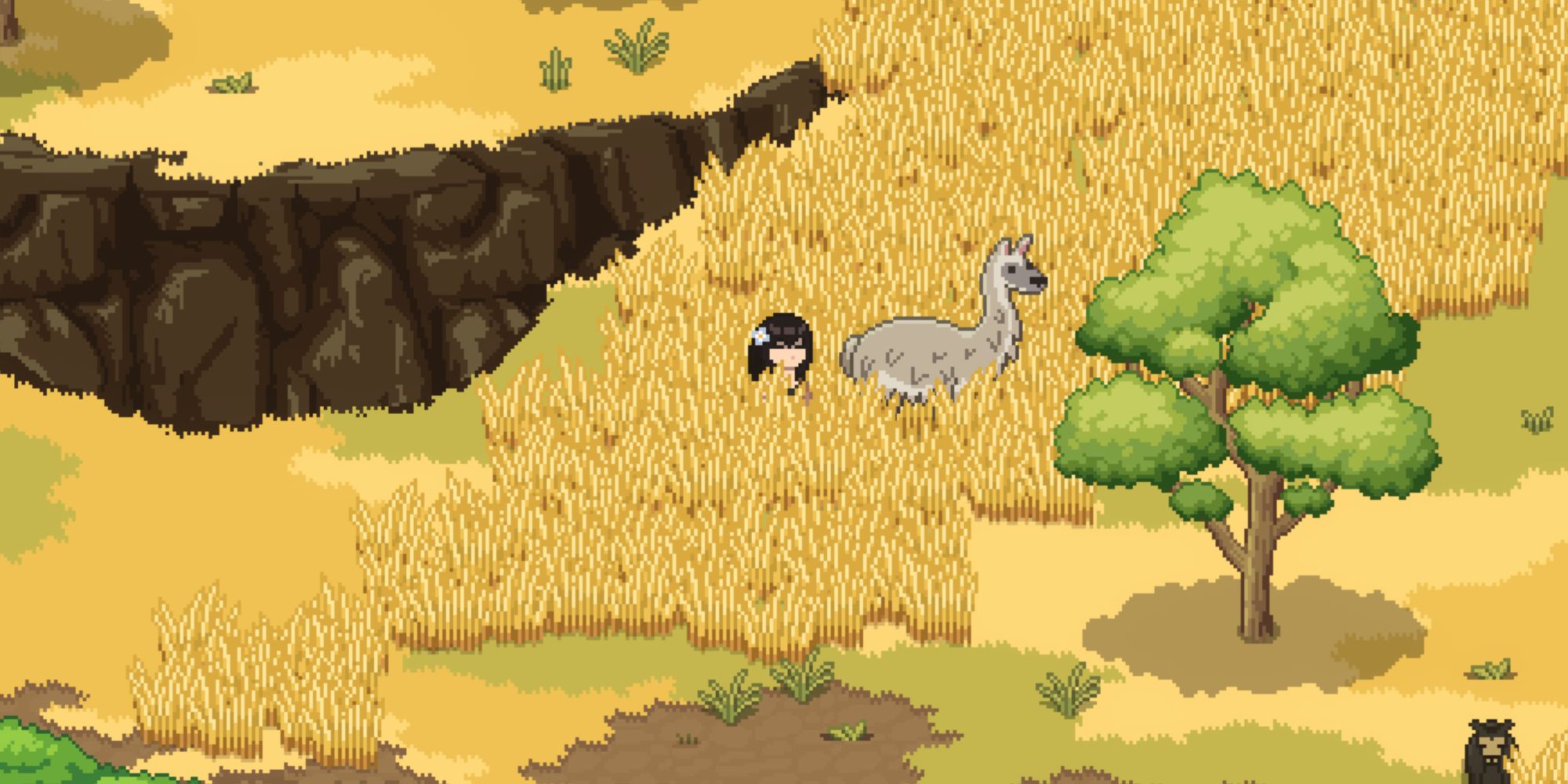 roots of pacha standing next to a guanaco in the savanna