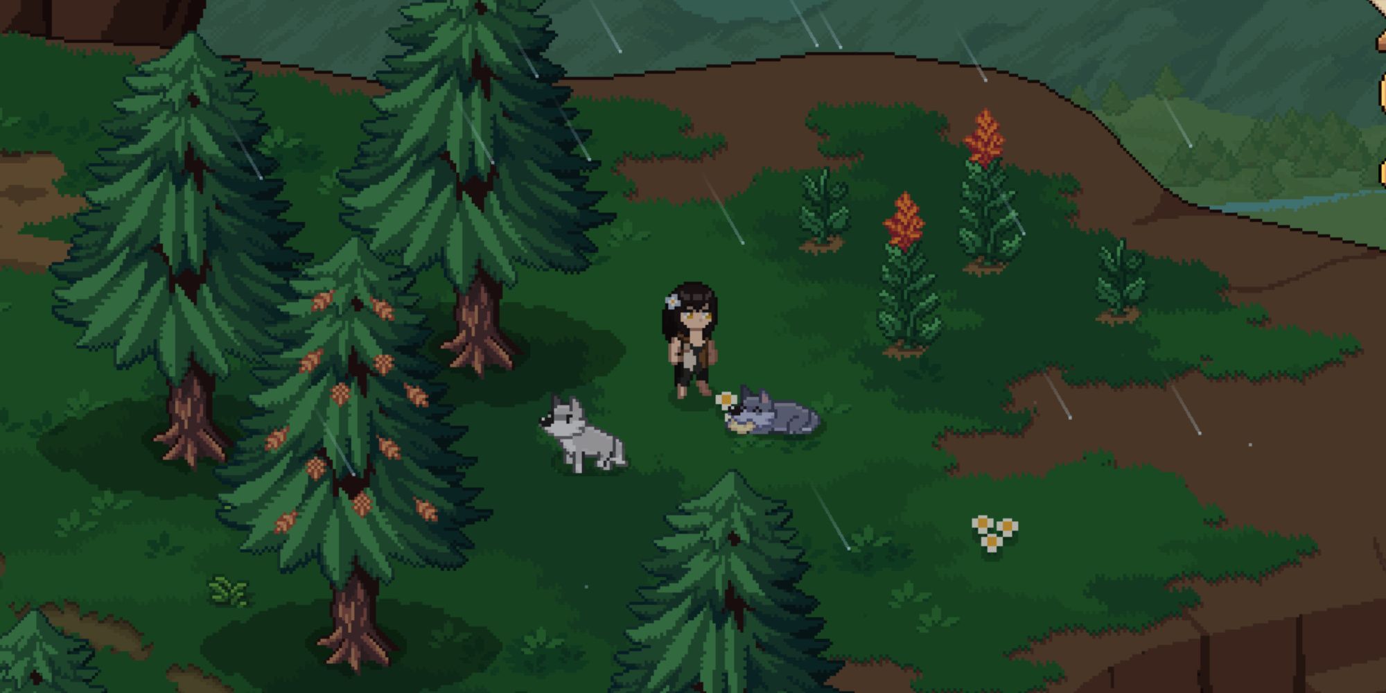 roots of pacha standing next to a little wolf in the forest while it's raining