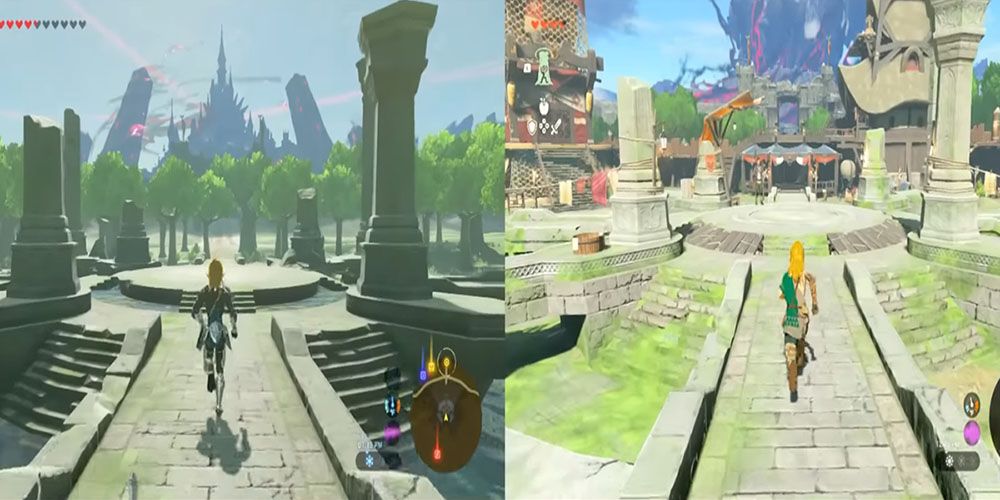 A screenshot of Lookout Landing from Breath of The Wild showing decrepit pillars and staircases of a destroyed monument next to the bustling markettown that is Tears of The Kingdom's Lookout Landing.