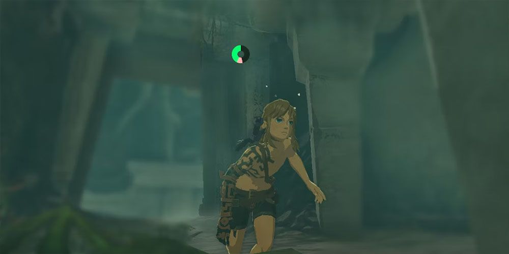 Link running inside a temple with a stamina bar dictating his current energy levels.