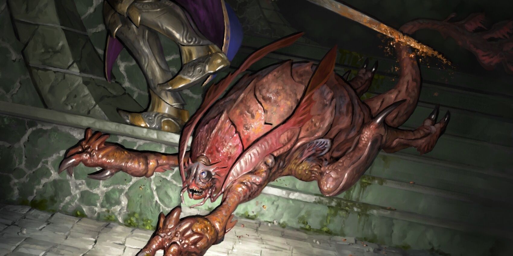 Rust Monster runs past adventurer and rusts sword
