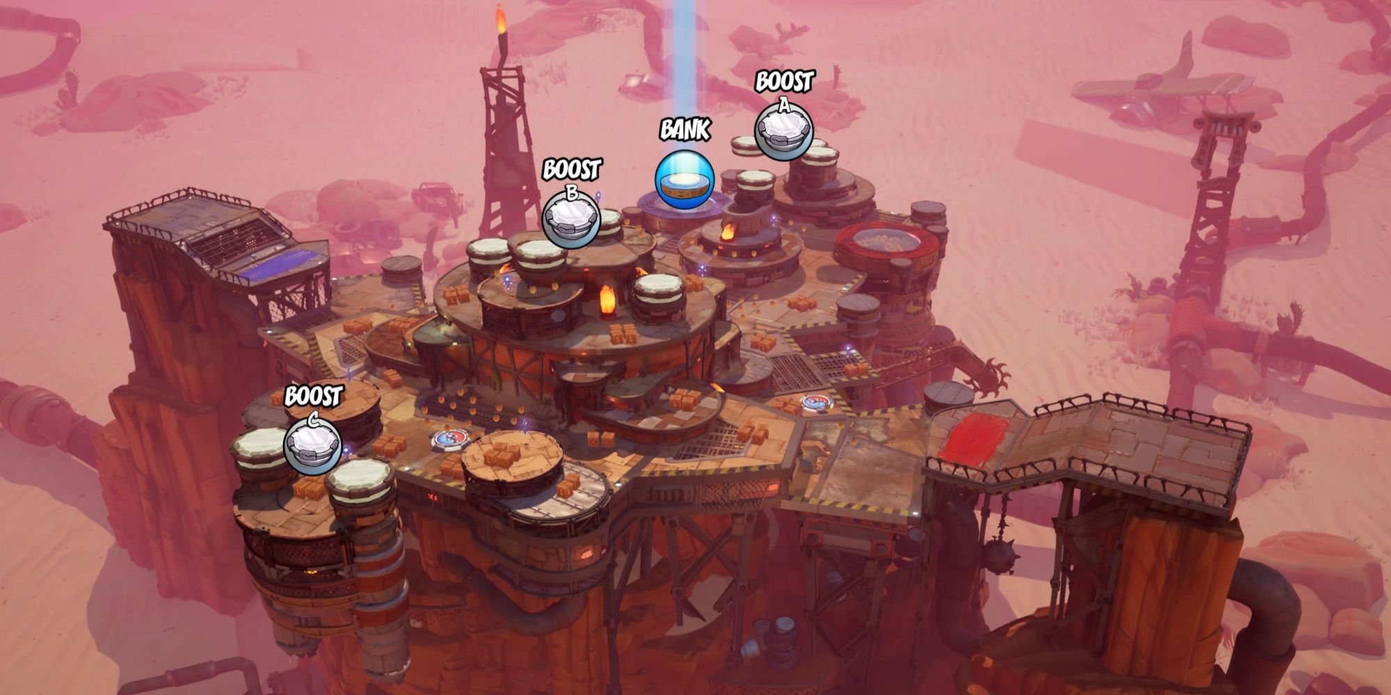 A panoramic view of Rusted Refinery, a map from Crash Team Rumble