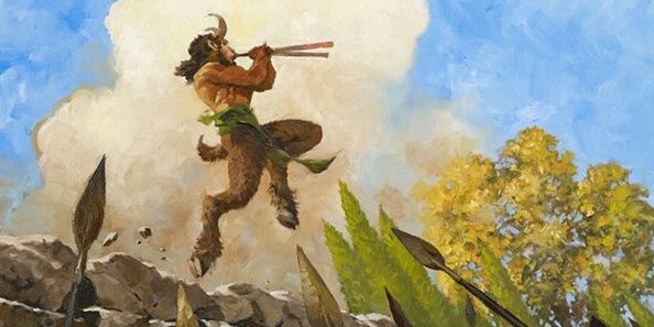satyr playing pipes on top of a stone wall while many spears point at him