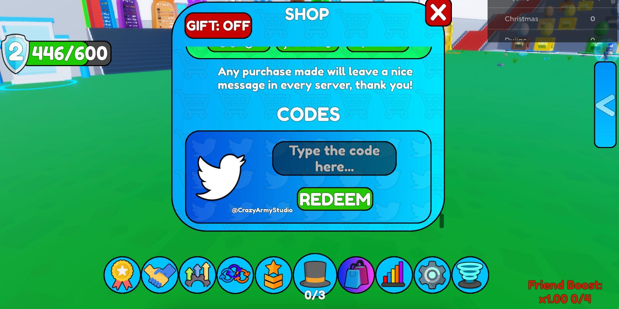 Code redeem page in Roblox's Strength Grinder X