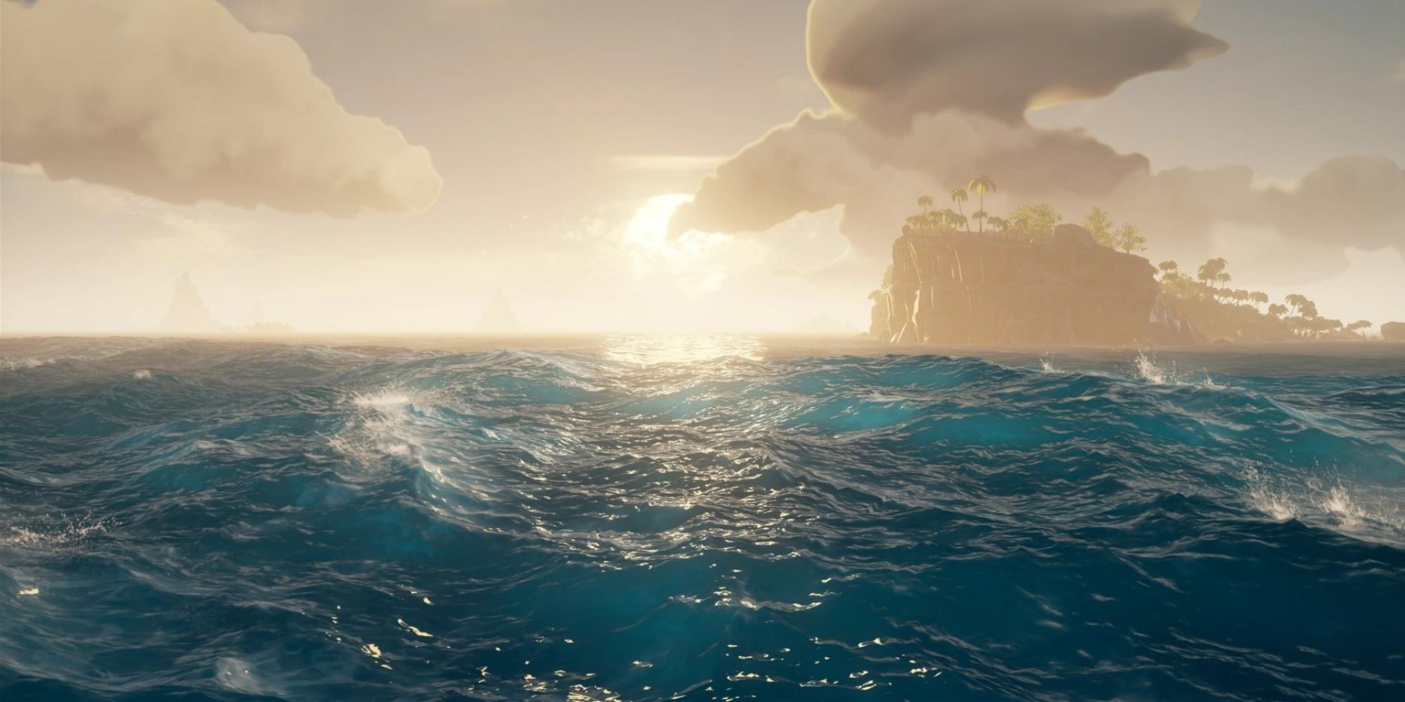 An island sits on the horizon of an ocean on a cloudy day