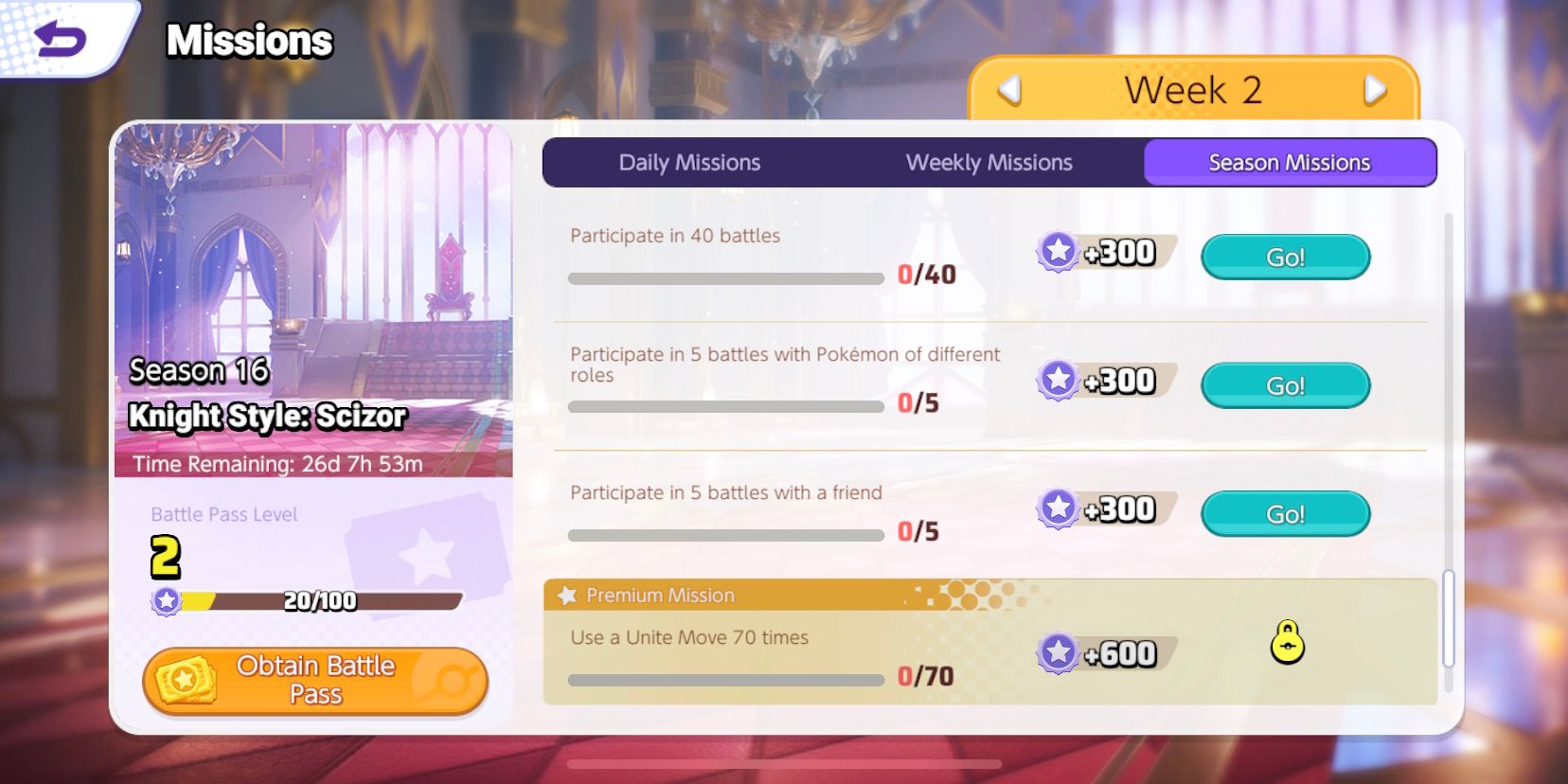 Season 16 Battle Pass Mission screen from Pokemon Unite showing Season Missions