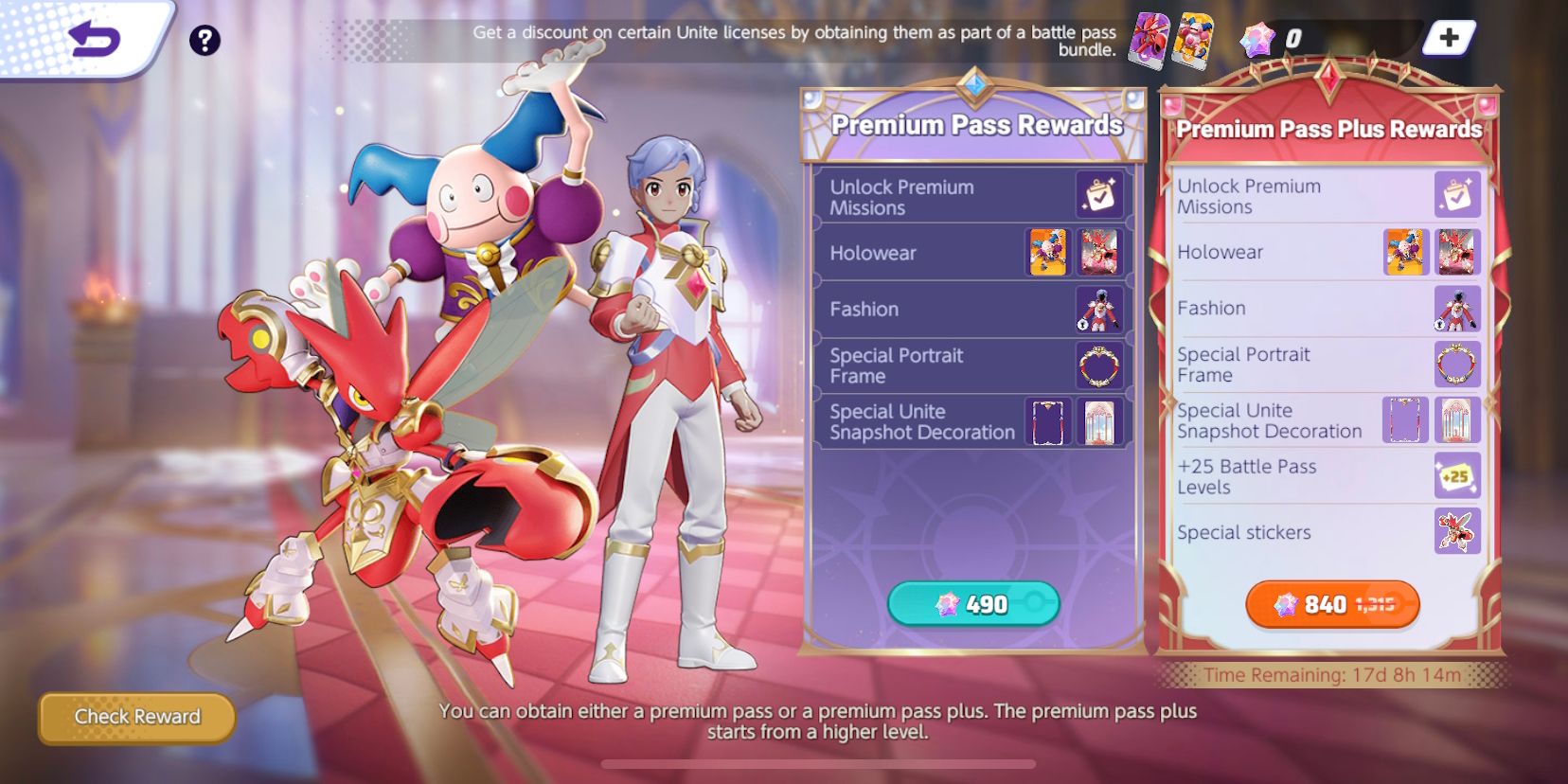 Season 16 Battle Pass Purchase screen from Pokemon Unite, showing two options