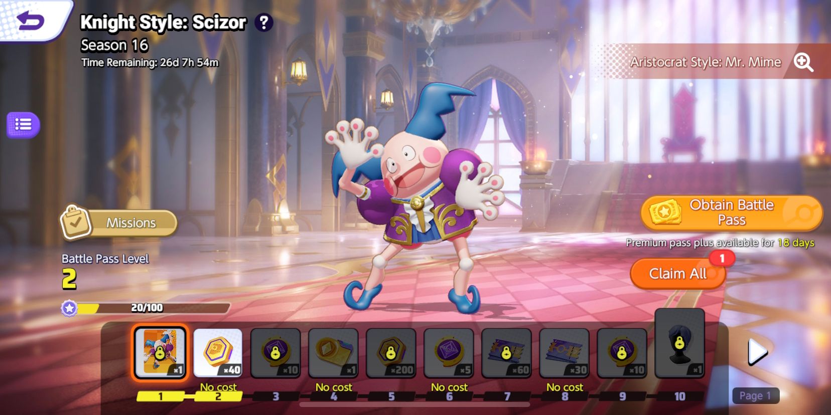 Season 16 Battle Pass from Pokemon Unite screen showing rewards one through ten