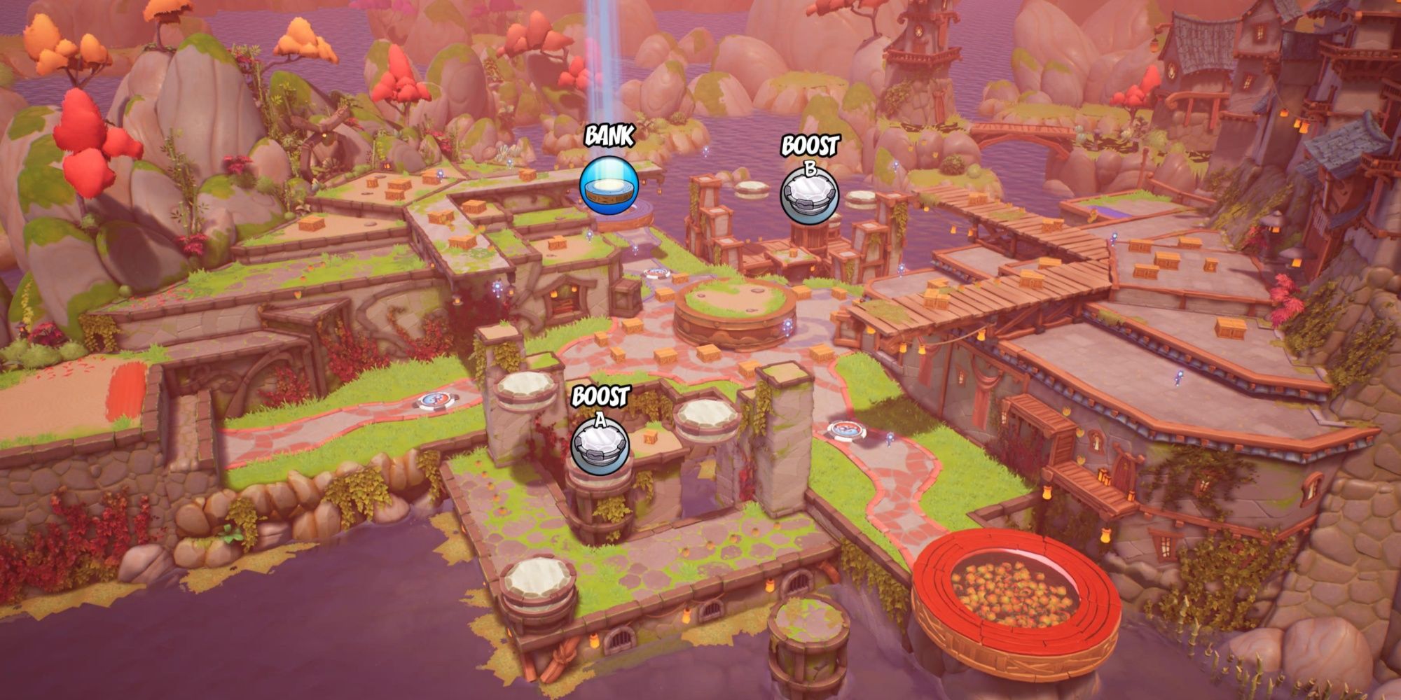 A panoramic view of Serenity Gardens, a map from Crash Team Rumble
