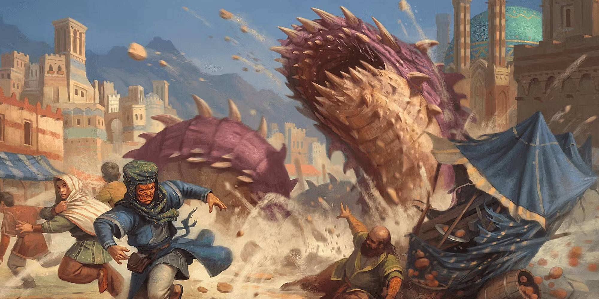 A street of people in a market run away as a giant purple worm burrows through the ground