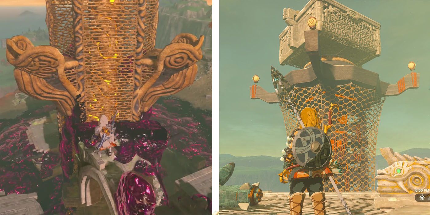 Comparison between sheikah towers and skyview towers, the former showing a toxic puddle at trhew base of a climbeable tower and the latter showing a spinning device on top of a smaller tower.