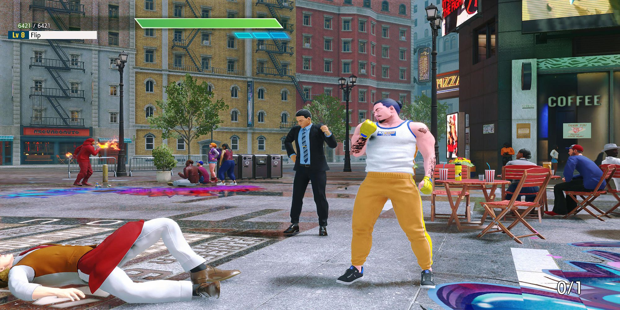 Flip knocks out Shopkeeper Biz after a fight at Beat Square in Street Fighter 6.