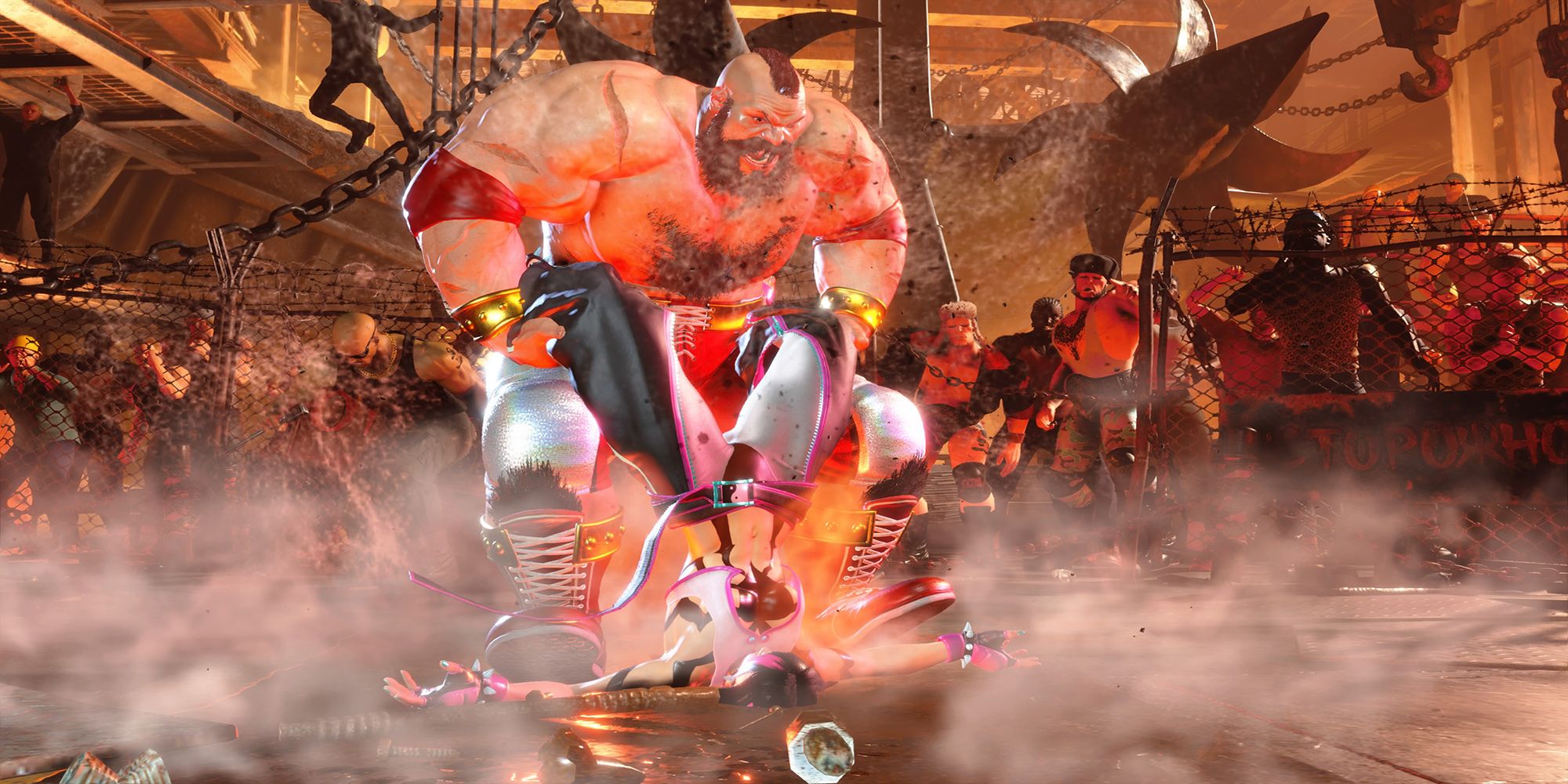Zangief pins Juri's shoulders into the Barmaley Steelworks floor with his Siberian Express throw in Street Fighter 6.