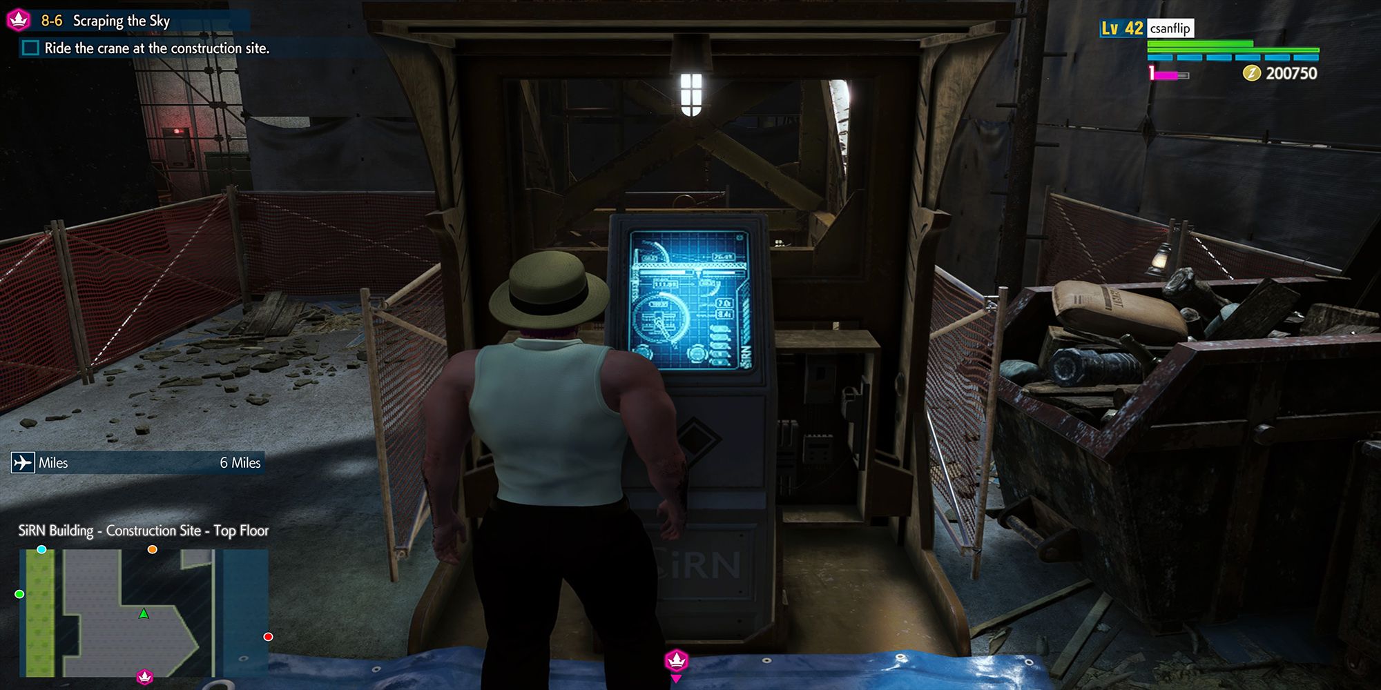 The player checks into a SiRN card reader at the top of a construction site in Street Fighter 6.