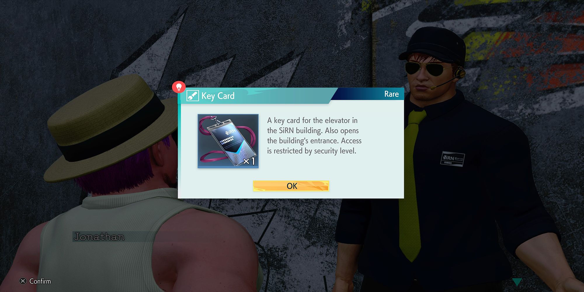 Jonathan gives the player a SiRN Key Card during a meeting outside the SiRN Construction Site in Street Fighter 6.