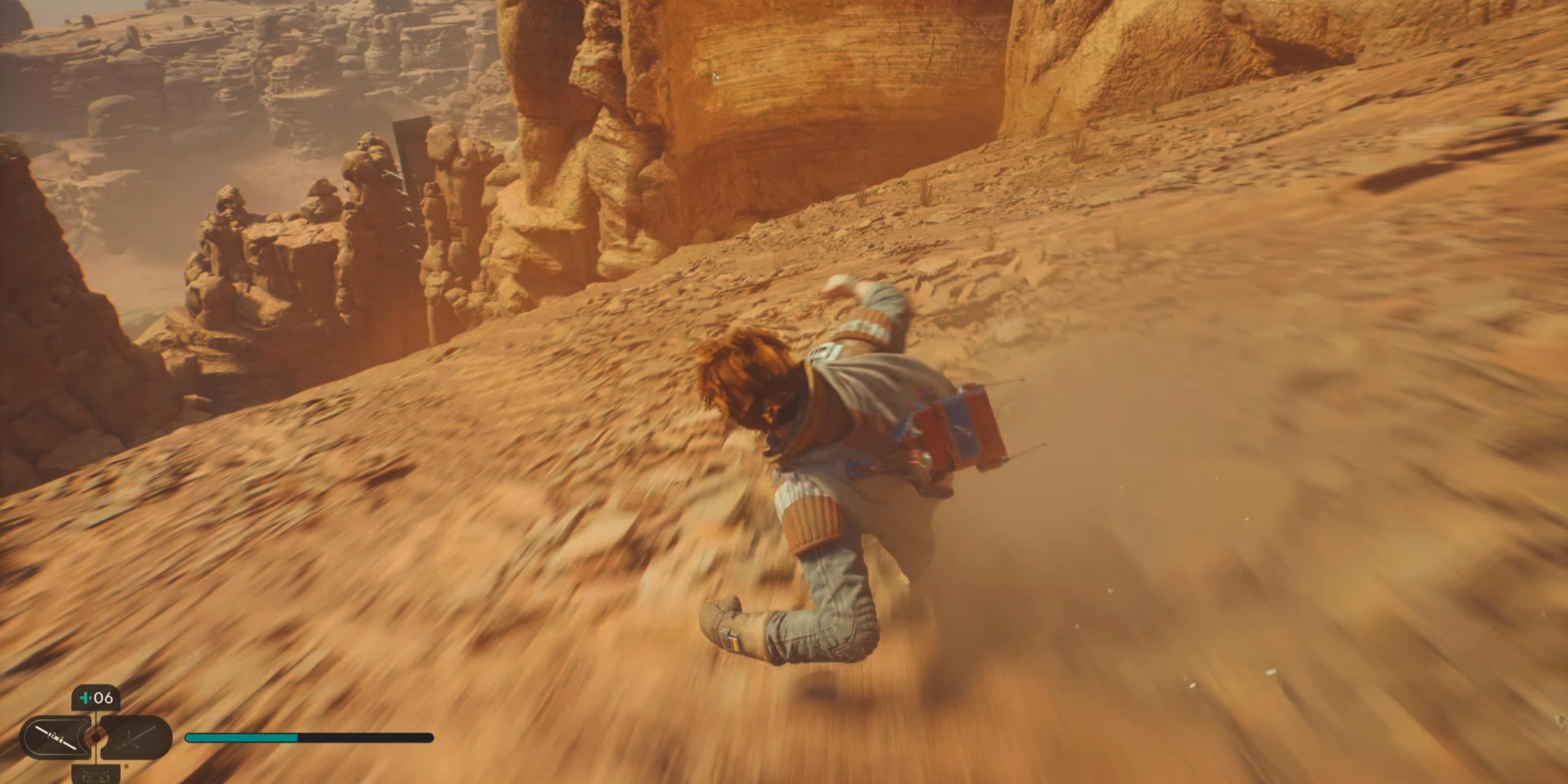 Slide down slope and use ascension cable to wall run