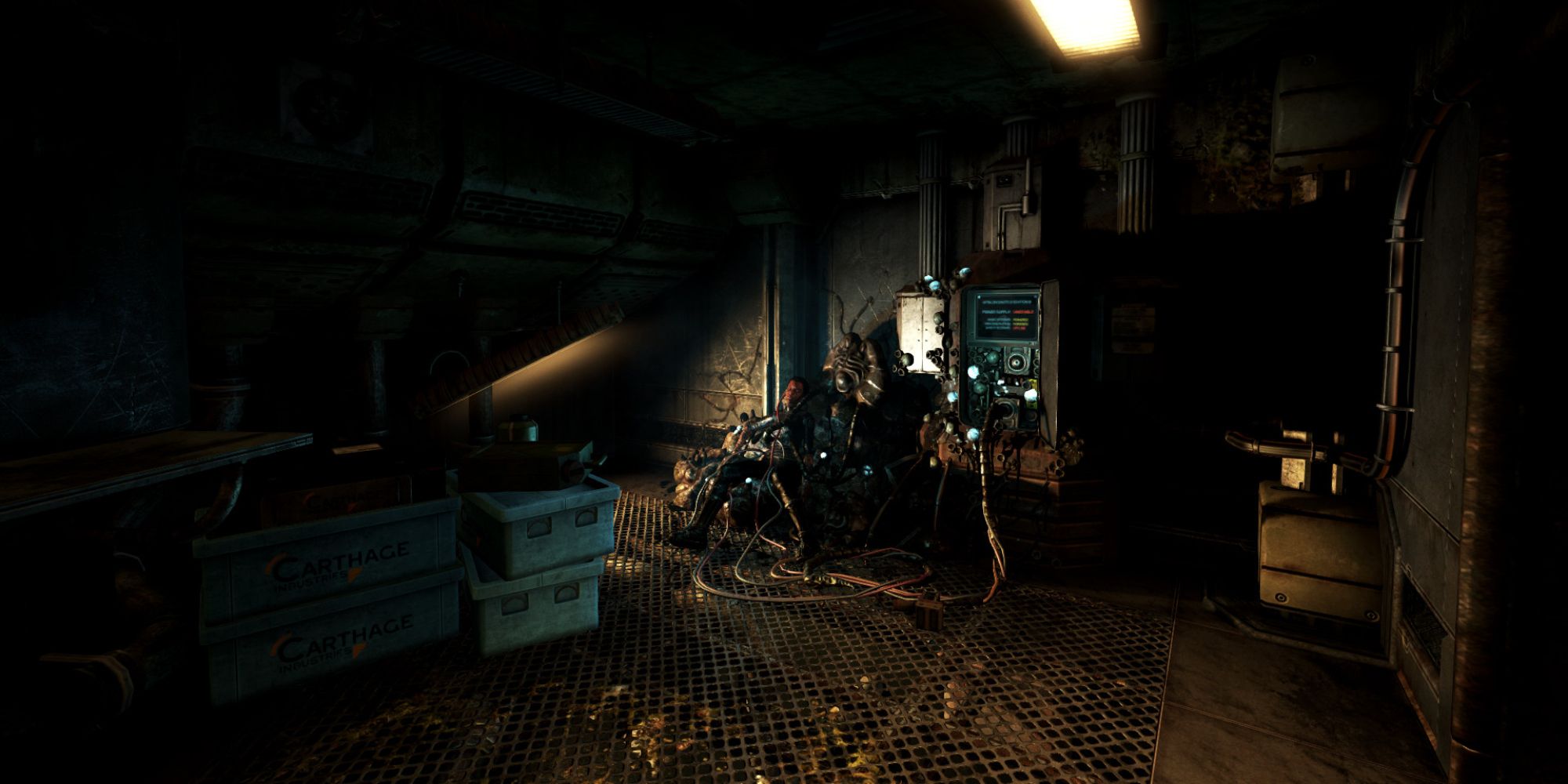 A corpse standing next to a power device.