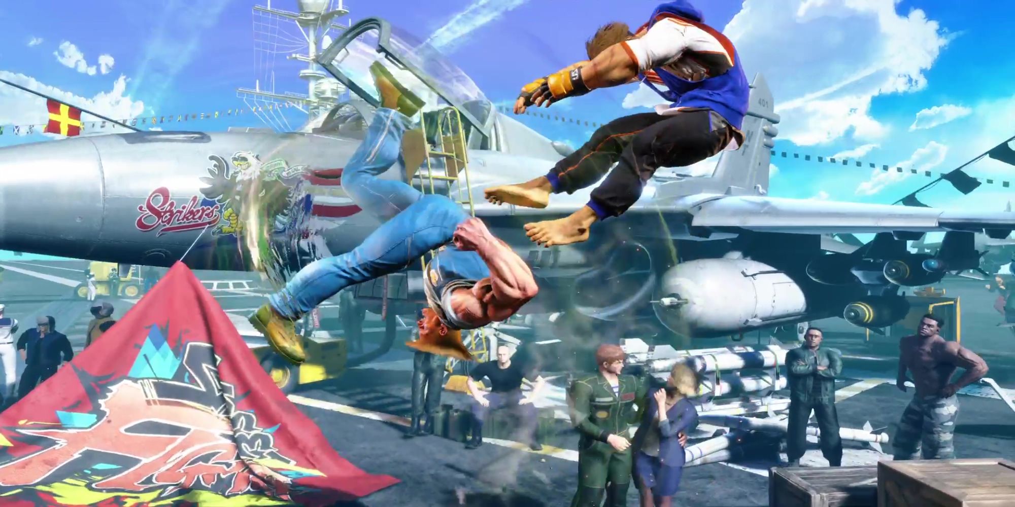 Guile launches Luke in the air with a Somersault Kick during a battle at Aircraft Carrier Byron Taylor in Street Fighter 6.