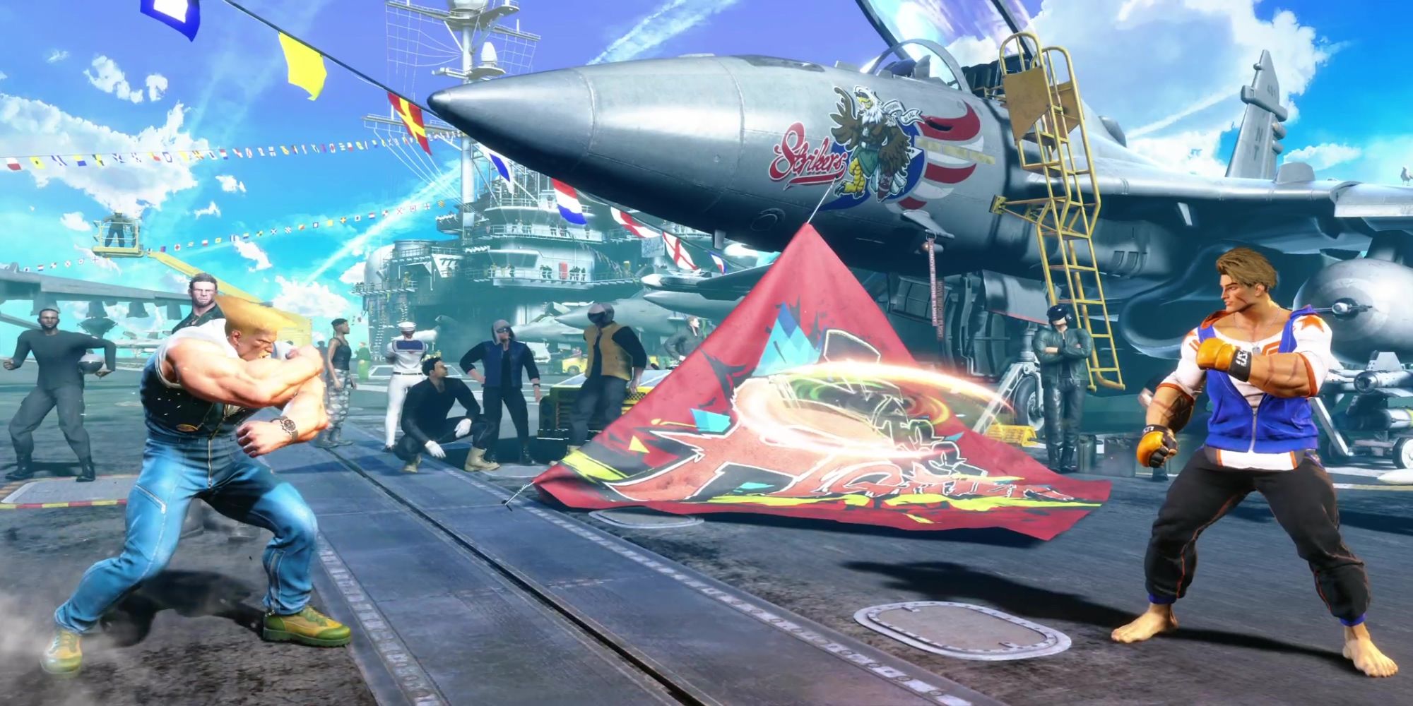 Guile sends a Sonic Boom towards Luke during a battle at Aircraft Carrier Byron Taylor in Street Fighter 6.