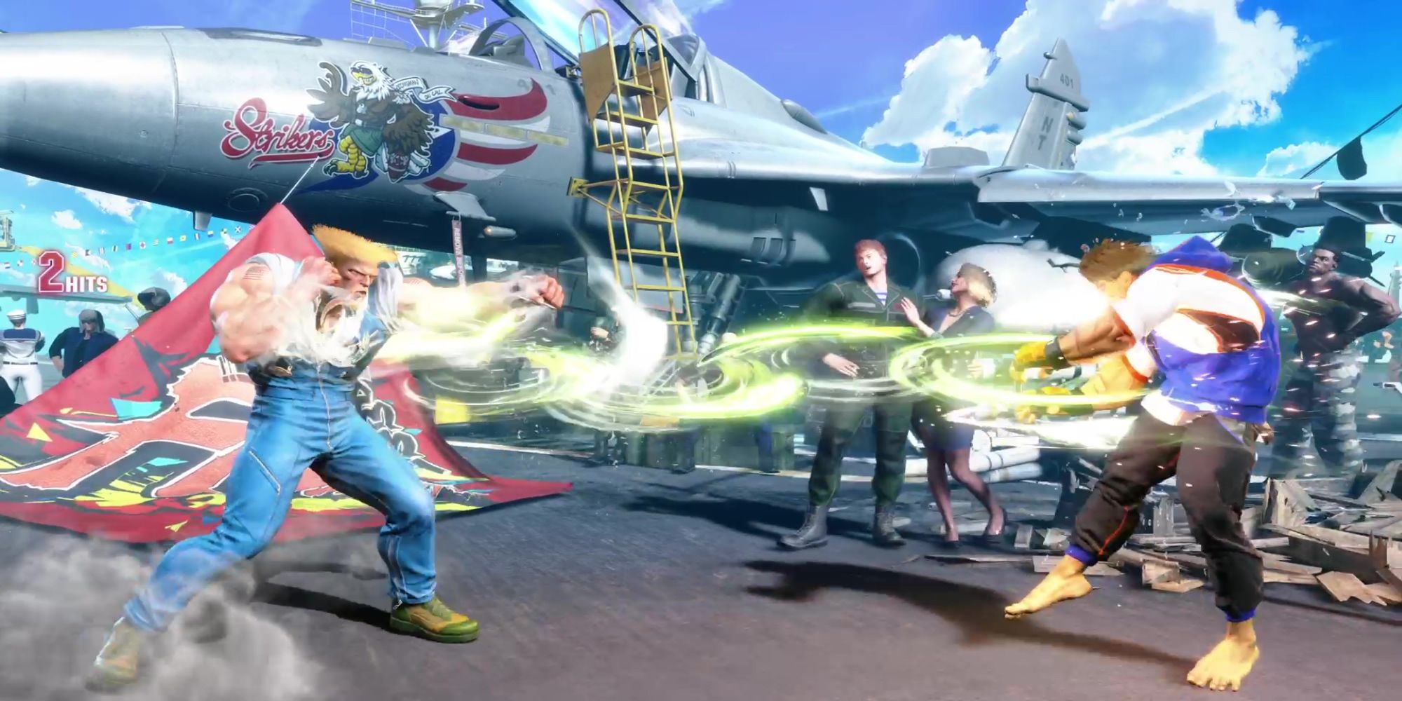 Guile throws a fast string of Sonic Breaks toward Luke during a battle at Aircraft Carrier Byron Taylor in Street Fighter 6.