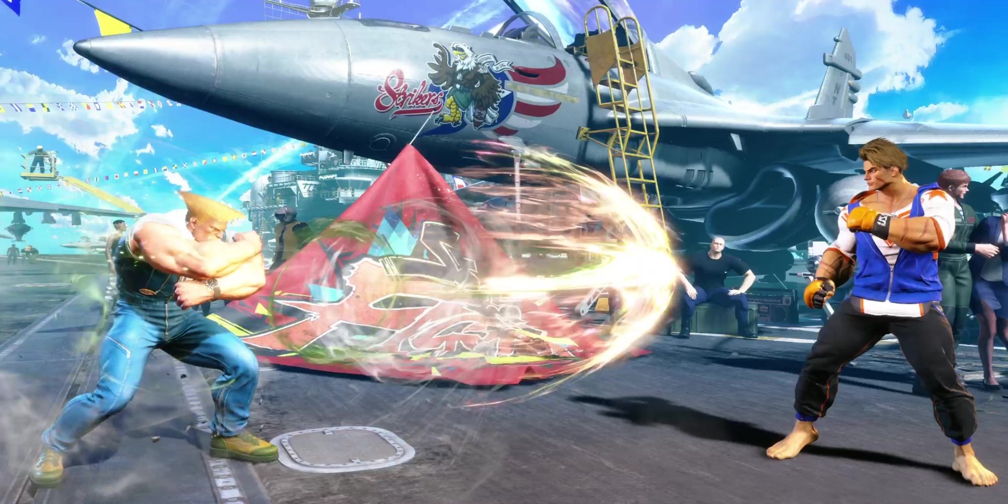 Guile sends a wall-like Sonic Cross projectile towards Luke during a battle at Aircraft Carrier Byron Taylor in Street Fighter 6.