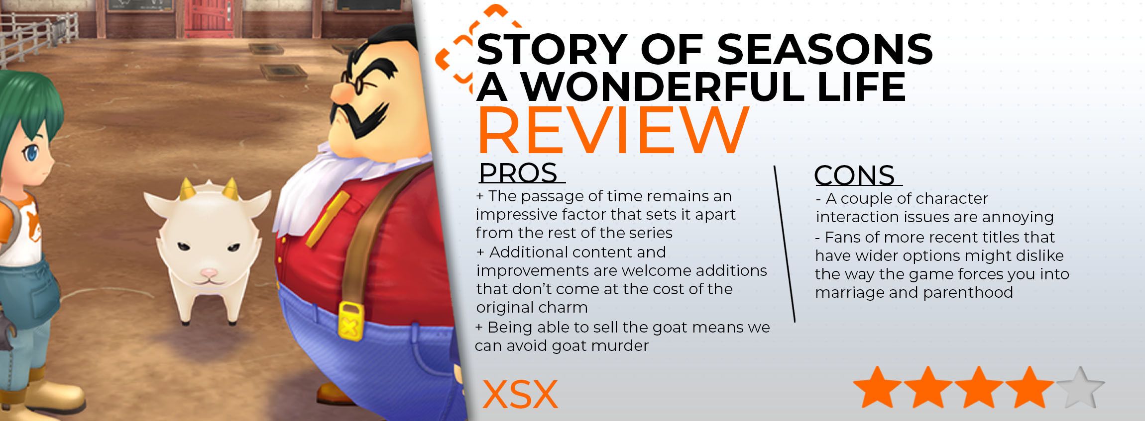 Story of Seasons: A Wonderful Life review card that gives 4/5 stars.