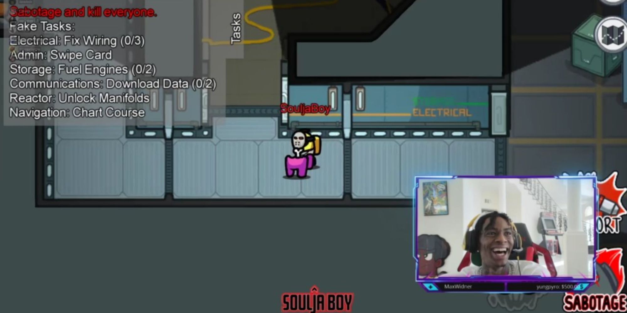 An image of Soulja Boy streaming Among Us on Twitch.