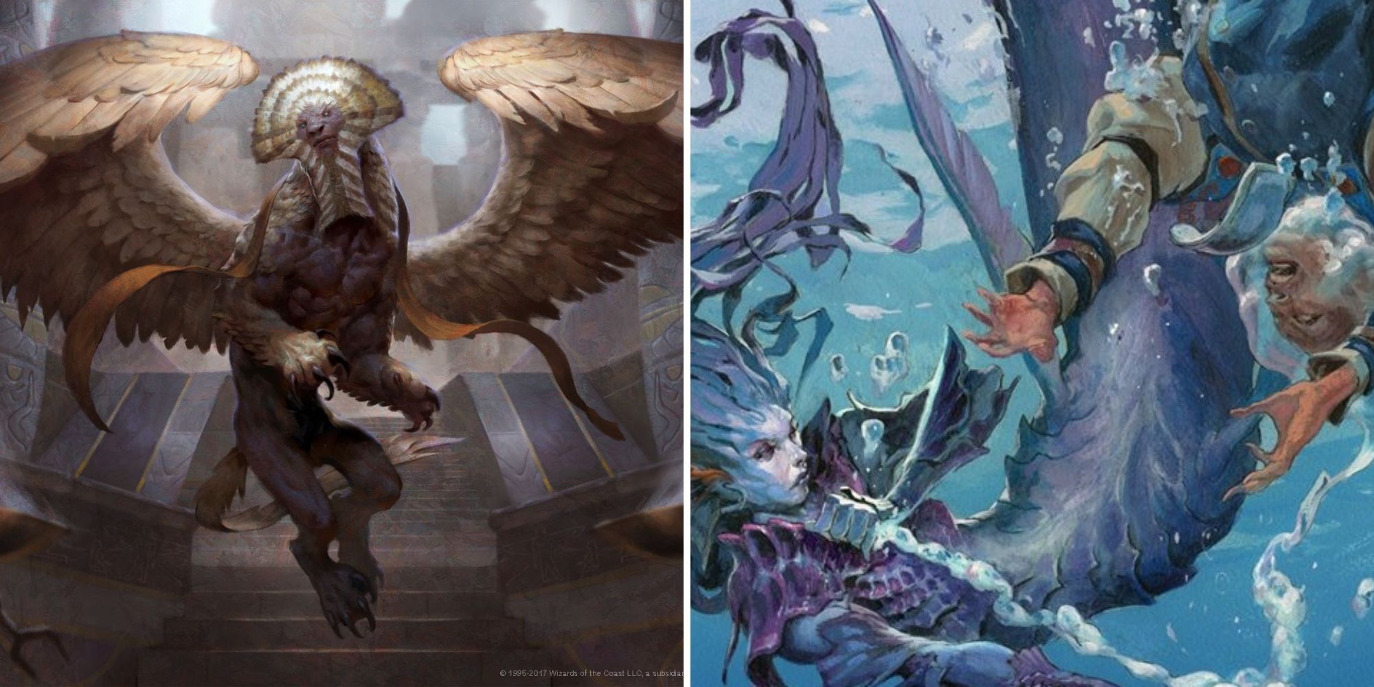 Sphinx inside of temple against merfolk drowning human