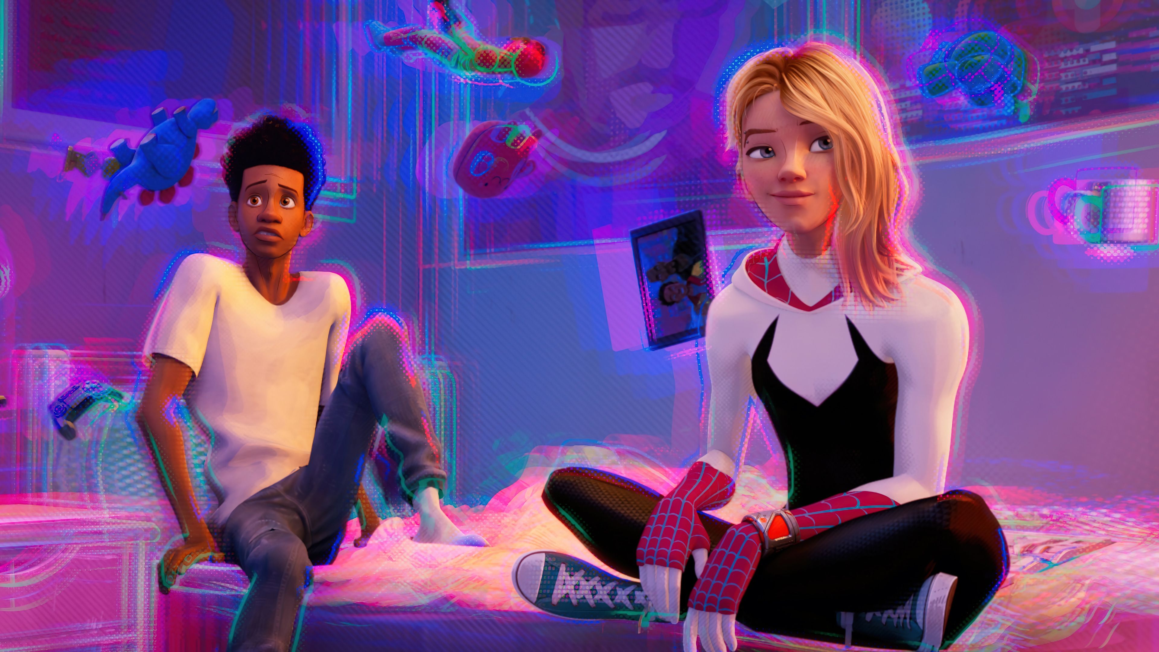 Across The Spider-Verse Gwen sitting in Miles' room