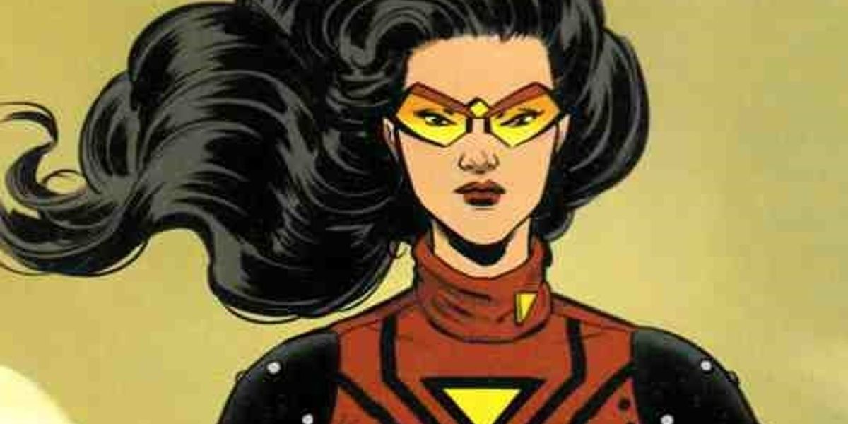 Spider-Man New Universe Spider Woman in glasses and her new outfit, iterations of the classic