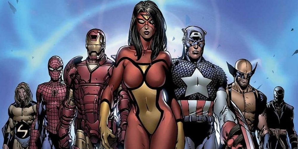 Spider-Woman New Avengers image with her in the front surrounded by other Avengers behind her