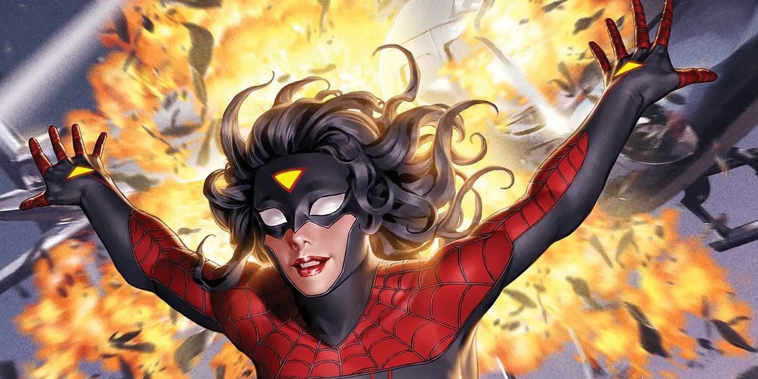 Spider-Woman in a new costume as she jumps from an exploding plane