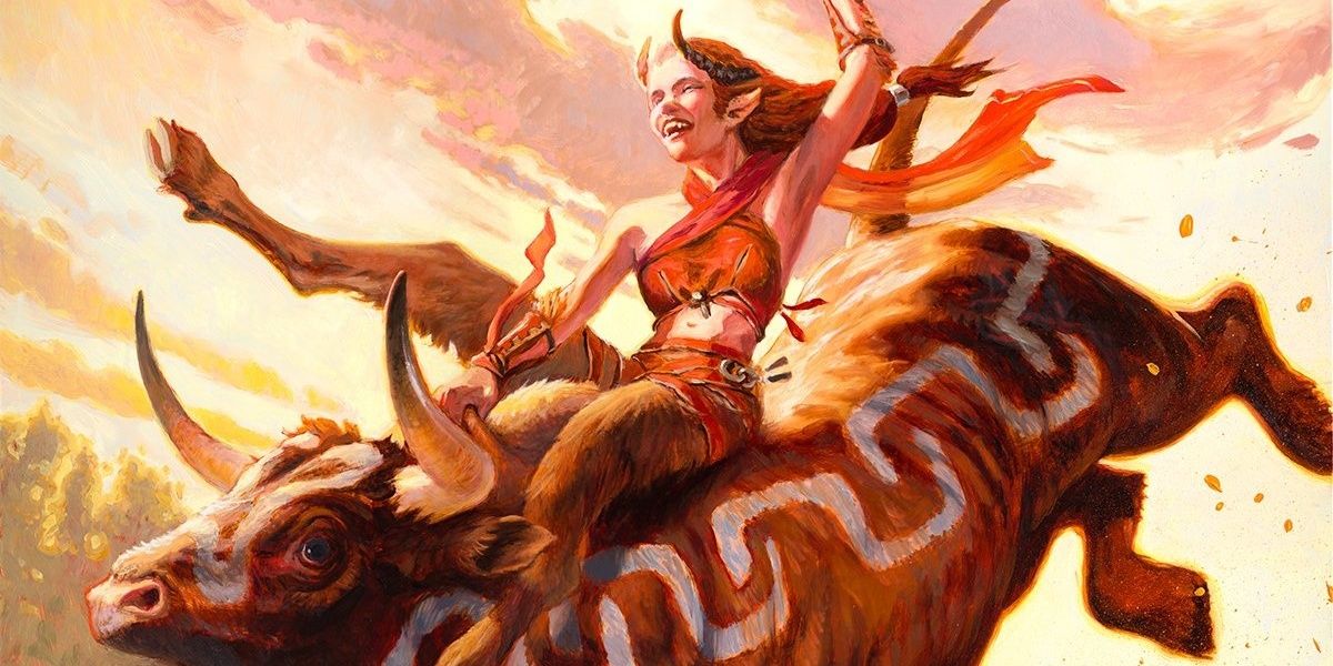 satyr riding a painted, bucking bull