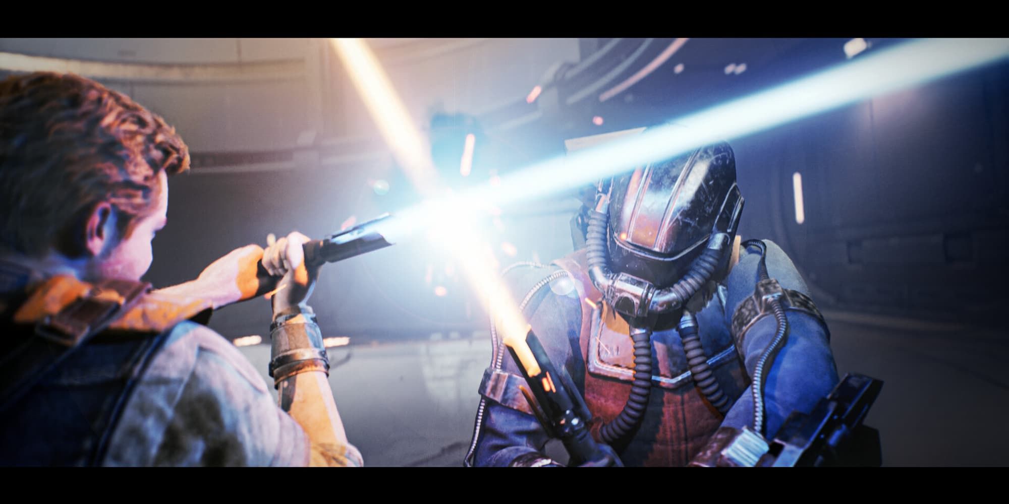 Cal Kestis locks lightsabers with a raider in Star Wars Jedi: Survivor.