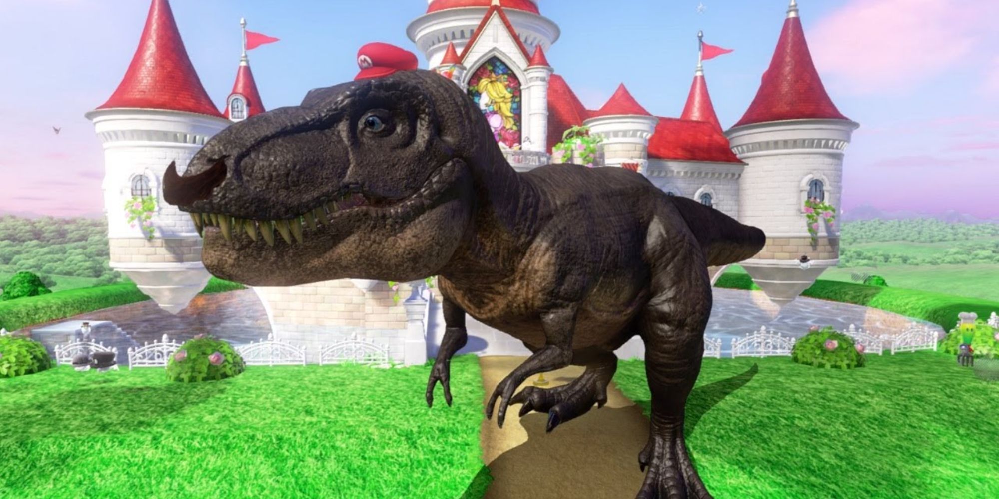 T-Rex Super Mario Odyssey with castle in background