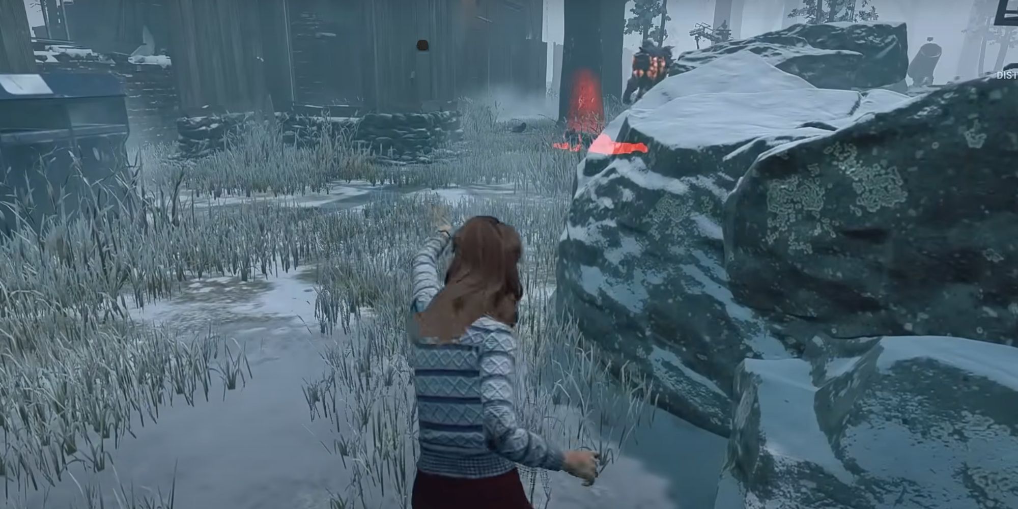 Dead by Daylight's Nancy throwing a pebble on snowy map