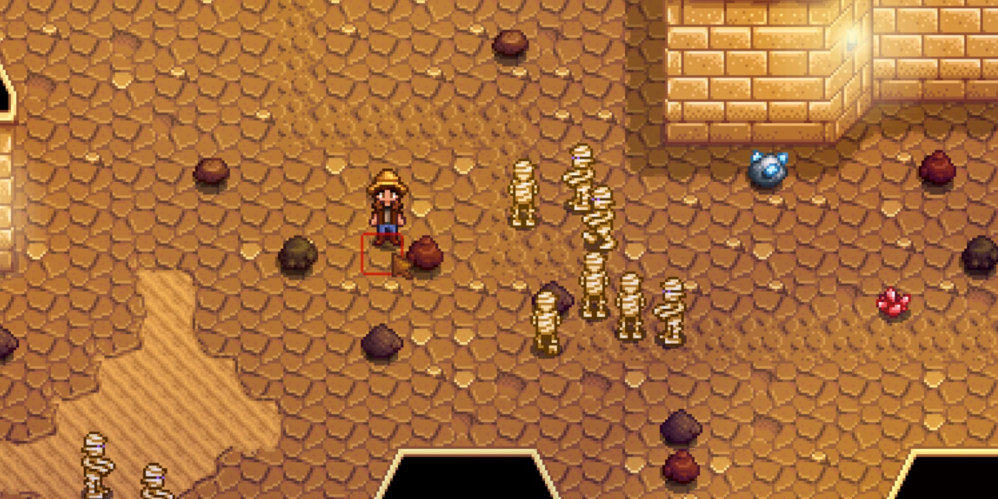 Stardew Valley character surrounded by many mummies