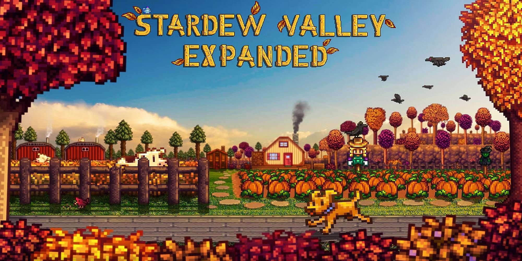 A title screen which reads Stardew Valley Expanded showing a farm and a dog rushing on a path
