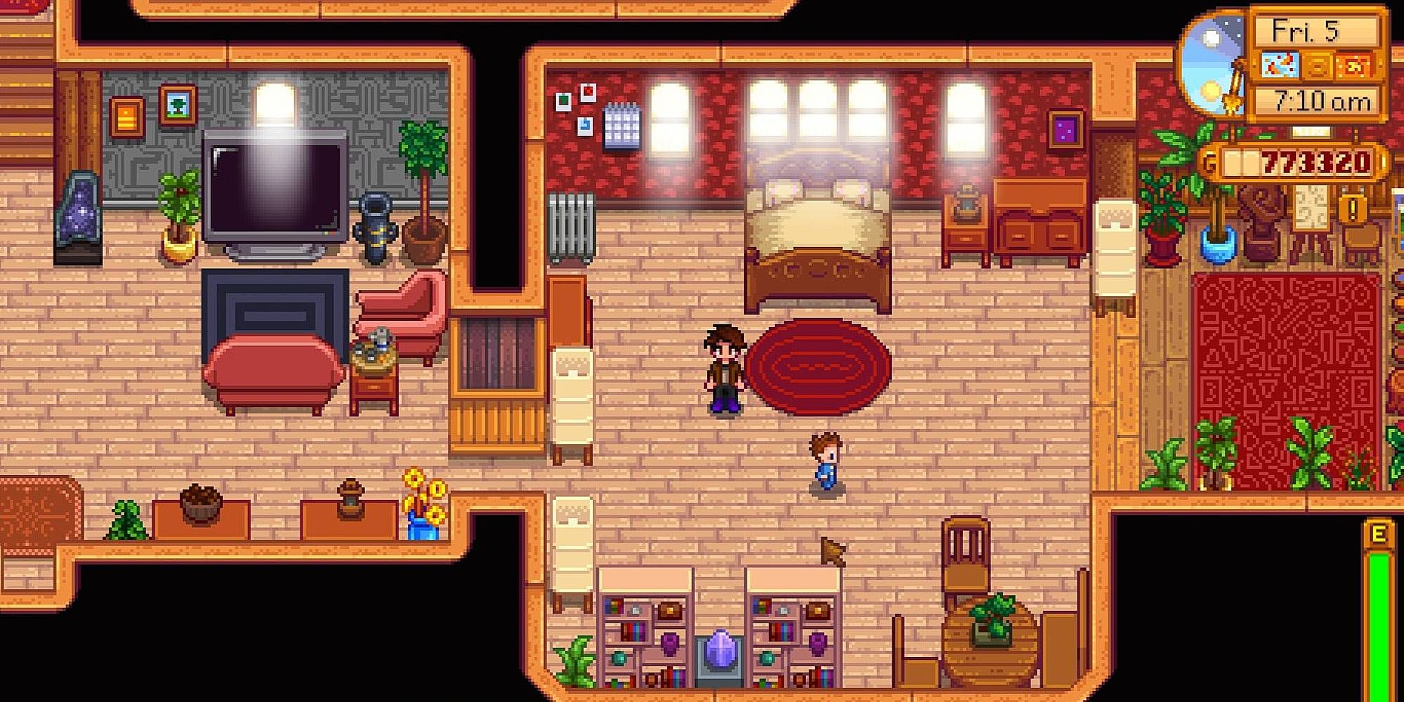 A man stands in his Stardew Valley home with a toddler that walks by