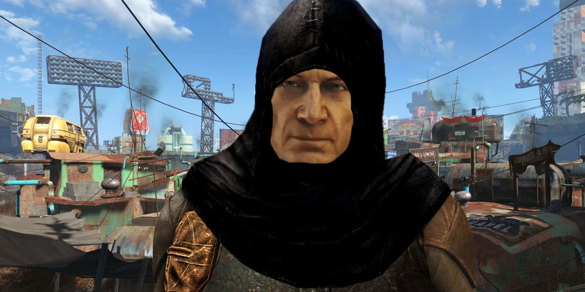Starfield character in Skyrim clothes in front of Fallout 4's Diamond City