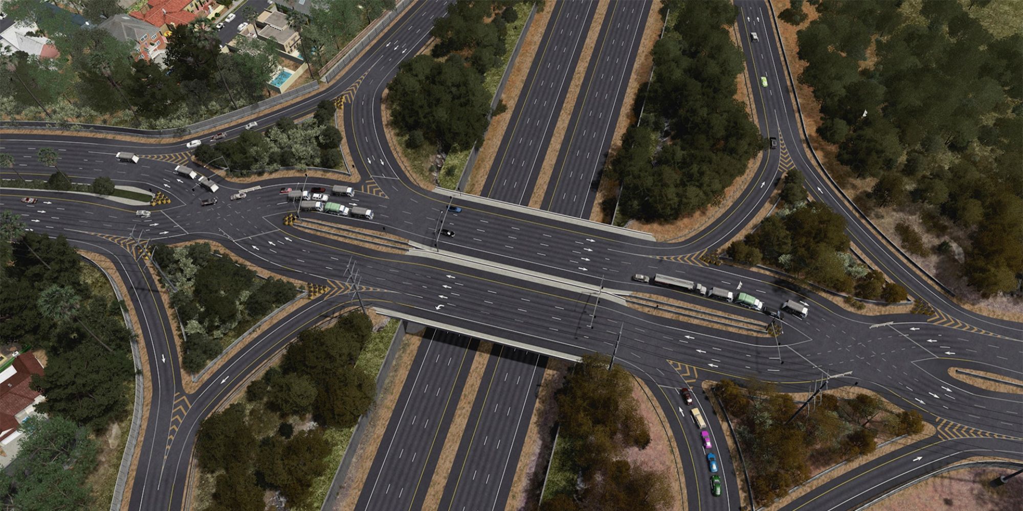 An image of a modded intersection from the original Cities: Skylines game. This particular photo showcases how mods can imporve the flow of traffic and the aesthetic appeal of road networks. 