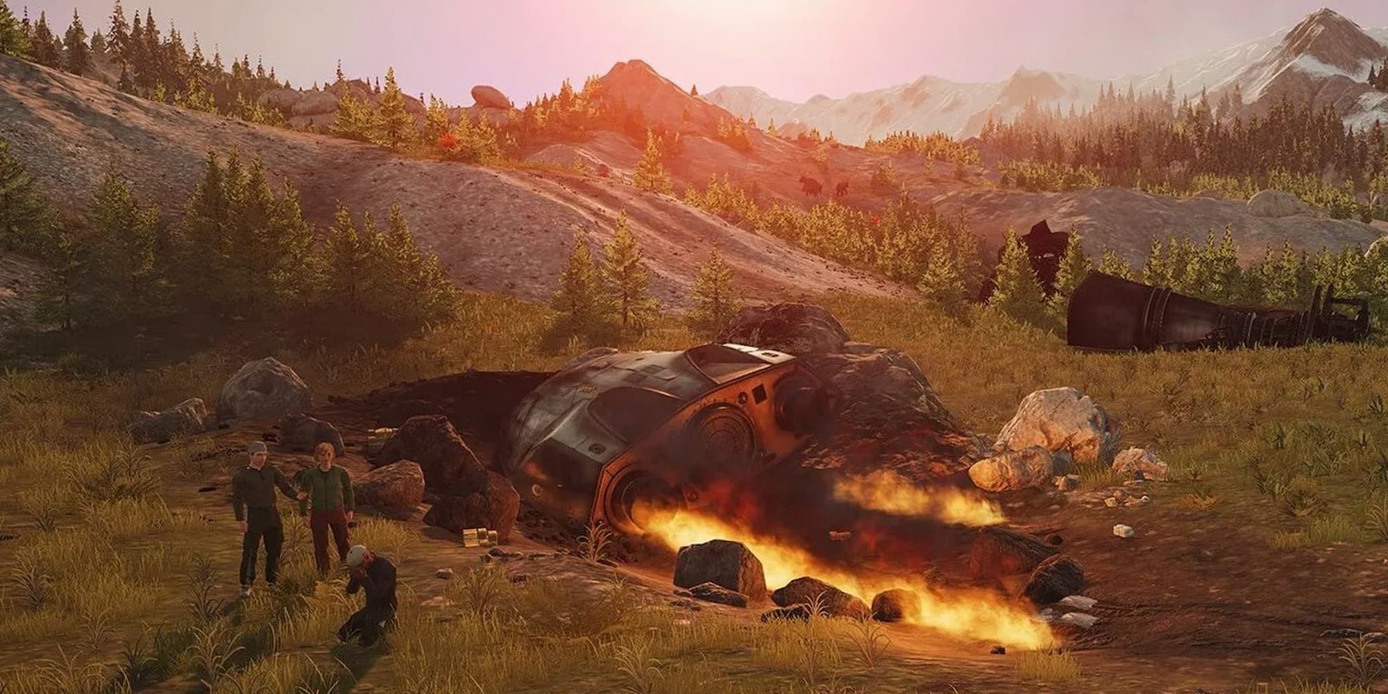 A trio, with one on their knees crying, are next to a crashed ship in Stranded: Alien Dawn.