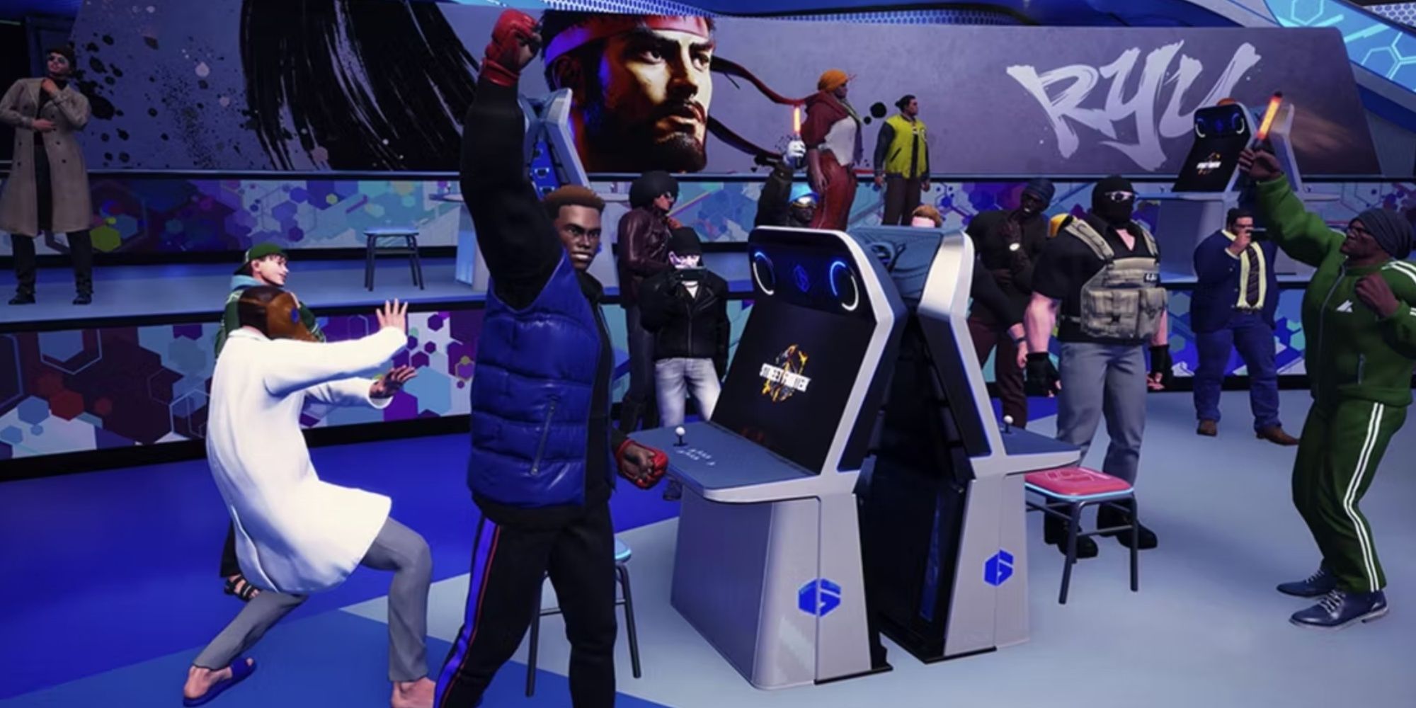An image of several Avatars cheering and emoting in the Battle Hub of Street Fighter 6