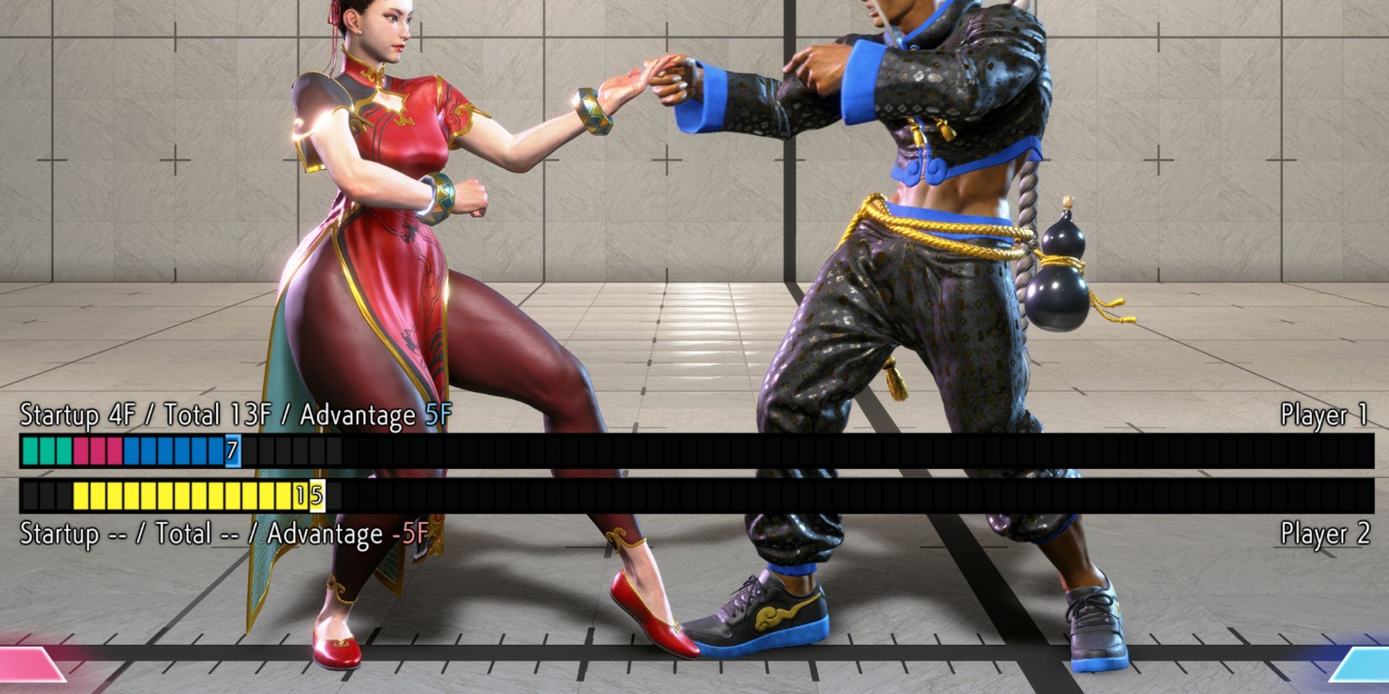 An image of the Frame Meter showcasing a recent attack's Frame Data (Startup, Total, and Advantage Frames) in Street Fighter 6
