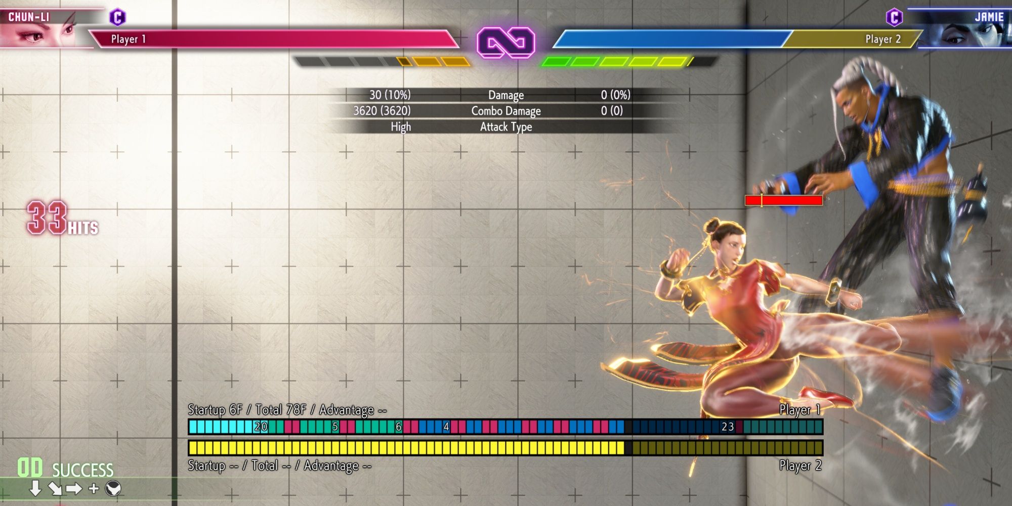 Chun-Li performing a combo on Jaimie in Training Mode with the Frame Date displayed in Street Fighter 6