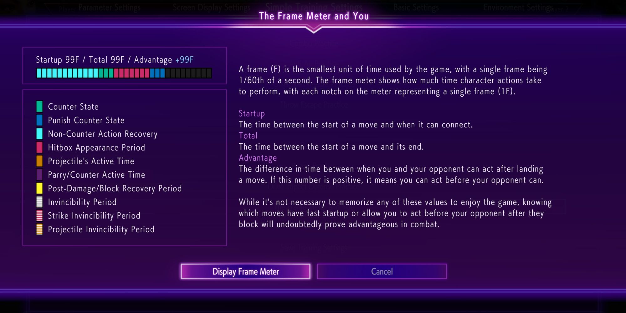 An image breaking down all the Meters and Colors of the Frame Meter in Street Fighter 6
