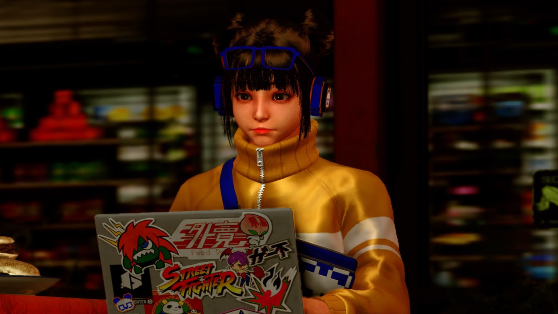 Street Fighter 6, World Tour Chapter 7, Li-Fen doing her thing on her laptop